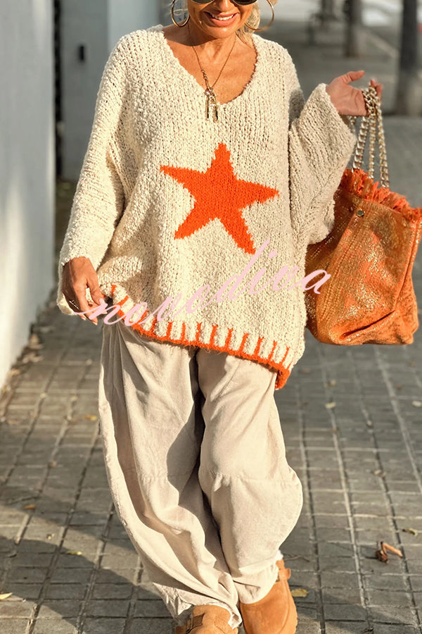 Warm Winter Day Texture Knit Star Pattern Contrast Color Loose Sweater