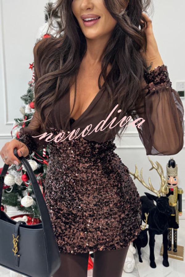 Whisper and Wine Sheer Tulle Sequin Patchwork V-neck Long Sleeve Mini Dress