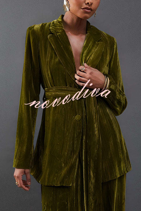 Solid Color Velvet Long-sleeved Waist Tie Top and Elastic Waist Casual Pocket Straight-leg Pants Set