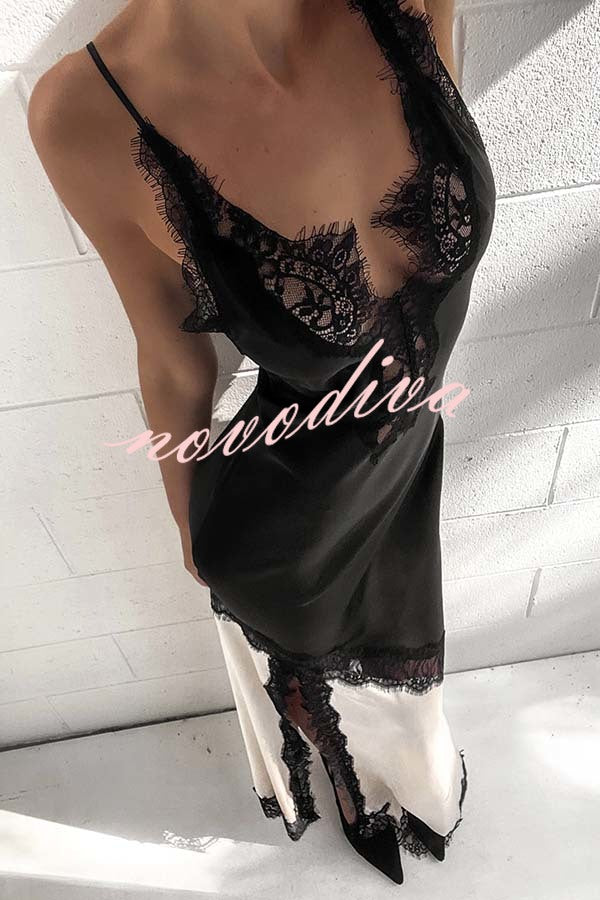 Soft and Romantic Satin Lace Trim Colorblock V-neck Side Slit Maxi Dress