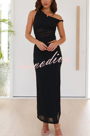 Solid Color Mesh Splicing Waist-baring Slim Maxi Dress