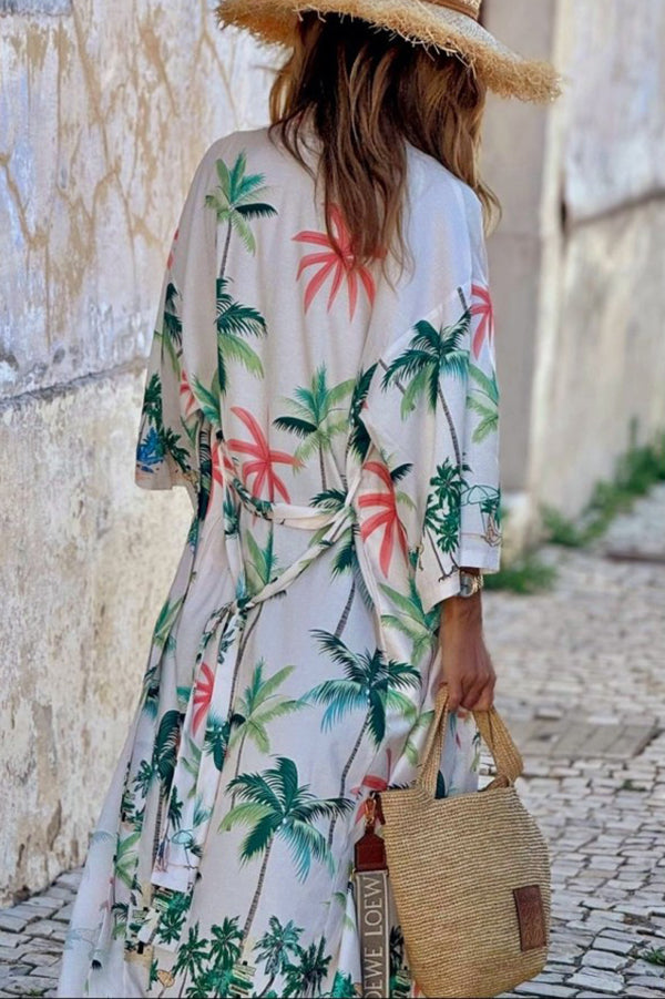 Resort Style Botanical Print Tie-waist Long Cover-up