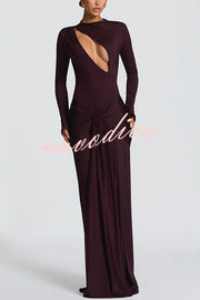 Sexy Cutout Fitted Long-sleeved Pleated Satin Ribbon Maxi Dresses