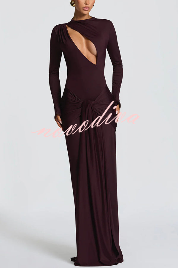 Sexy Cutout Fitted Long-sleeved Pleated Satin Ribbon Maxi Dresses
