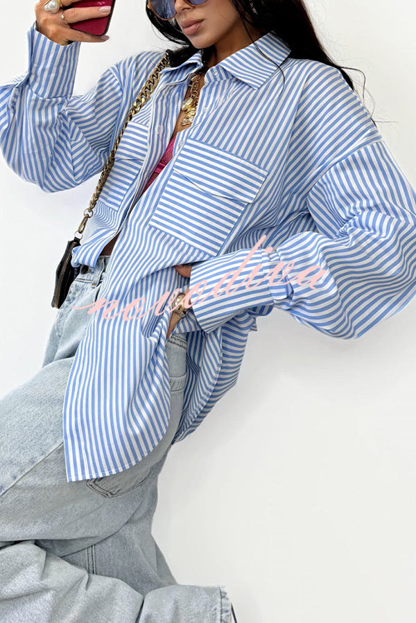 Stripe Print Lapel Long Sleeve Pocket Casual Shirt