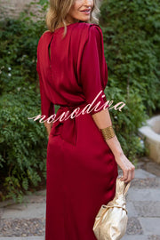 Satin Solid Color Round Neck Half Sleeve Waist Midi Dress