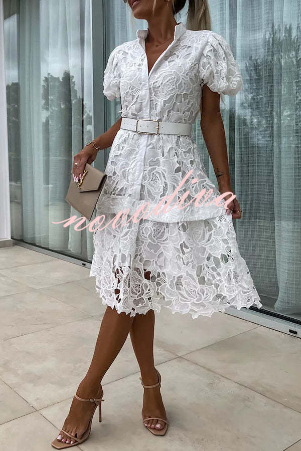 Absolutely Elegant Floral Crochet Lace Puff Sleeve Belted Shirt Midi Dress