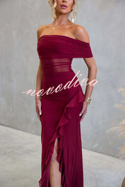 Sexy Mesh Off-shoulder Slim Fit Ruffled Slit Maxi Dress