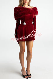 Luxury Chic Velvet Removable Faux Fur Collar Shiny Buckles Mini Dress