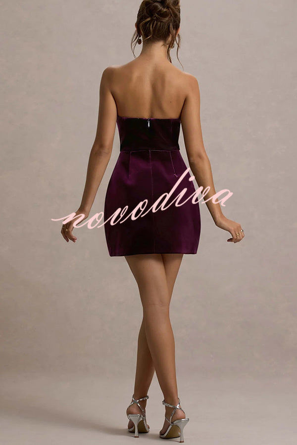 Effortlessly Elegant Velvet Jewel Embellished Trim Bandeau Mini Dress