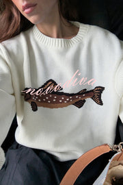 Fashionable Fish Pattern Round Neck Loose Knitted Sweater