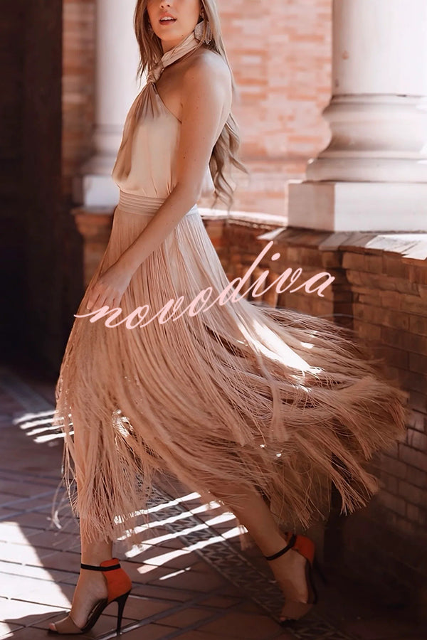 Elegant Tassel Hem Elastic Waist Casual Maxi Skirt