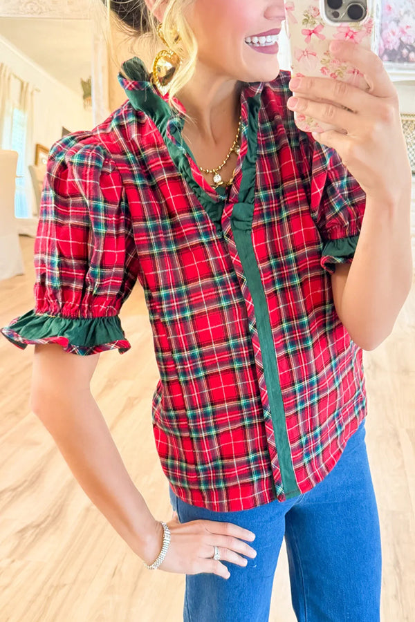 Plaid Print Ruffled Puff Sleeve Casual Shirt