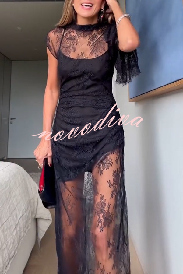 Romantic Statement Lace One Shoulder Bell Sleeve Asymmetrical Maxi Dress