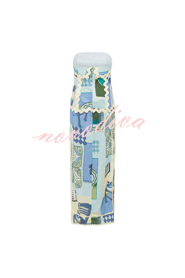 Antonella Ric Rac Trims Unique Print Off Shoulder Slit Maxi Dress