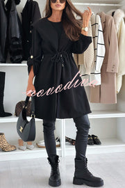 Effortless and Warm Textured Fabric Drawstring Waist Pocket Hooded Midi Coat