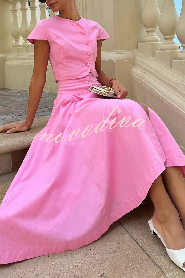Solid Color Round Neck Button Crop Top and Elegant High Waist Slit Maxi Skirt Set