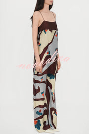 Loving Views Satin Unique Print a-line Tank and Elastic Waist Loose Pants Set