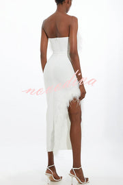 Retro and Glamorous Feather Trim Detail Bandeau Slit Stretch Midi Dress