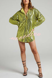 Solid Color Sequined Long-sleeved Casual Mid-length Loose Shirt