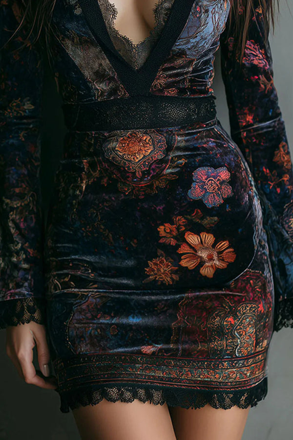 Elegant Velvet Floral Print V-neck Long-sleeved Slim-fit Mini Dress