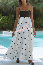 Alias Linen Blend Polka Dot Colorblock Back Smocked Pocket Slip Maxi Dress