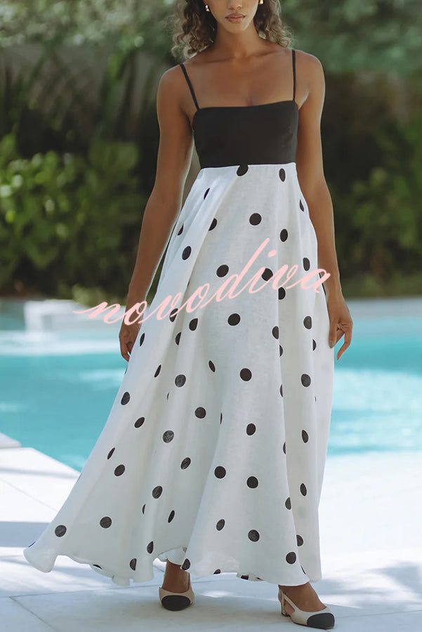 Alias Linen Blend Polka Dot Colorblock Back Smocked Pocket Slip Maxi Dress