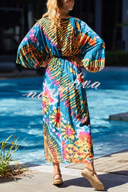 Unique Print Loose Lace Up Holiday Maxi Cover Up