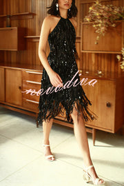 Sexy Sleeveless Halter Neck Tassel Sequin Mini Dress
