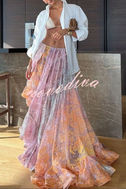 Tesley Lace Gradient Print Elastic Waist Irregular Ruffles Maxi Skirt