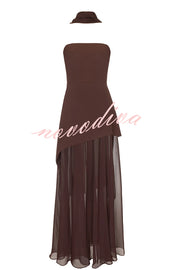 Monaco Off Shoulder Structured Top Chiffon Slit Hem Scarf Maxi Dress
