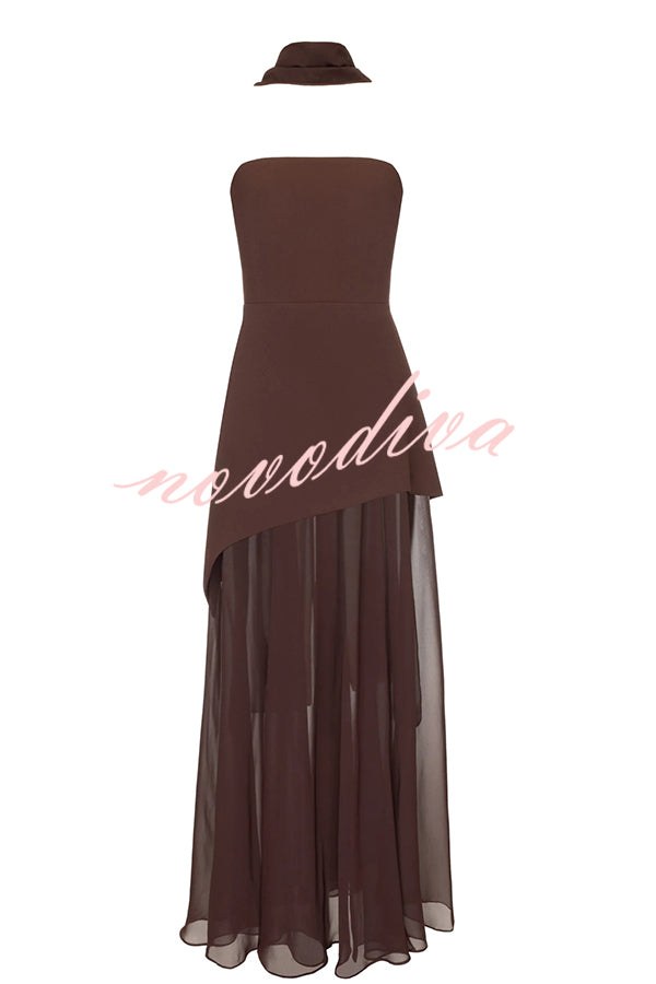 Monaco Off Shoulder Structured Top Chiffon Slit Hem Scarf Maxi Dress