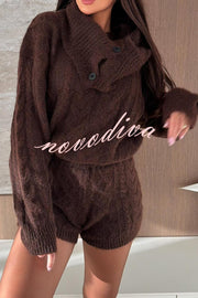 Diviano Cabble Knit Button Scarf Long Sleeve Sweater and Stretch Mini Shorts Set（3 Pieces）