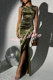 Solid Color Velvet Round Neck Sleeveless Slim Slit Maxi Dress