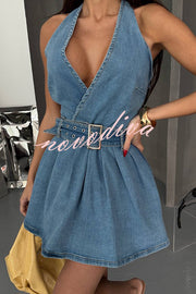 Fashionable Halterneck Open-back Belted Denim Mini Dress