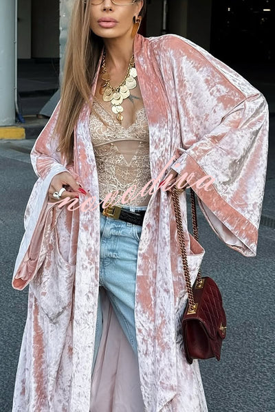 Gorgeous Glossy Velvet Long Bell Sleeve Tie-up Pocket Midi Kimono Coat