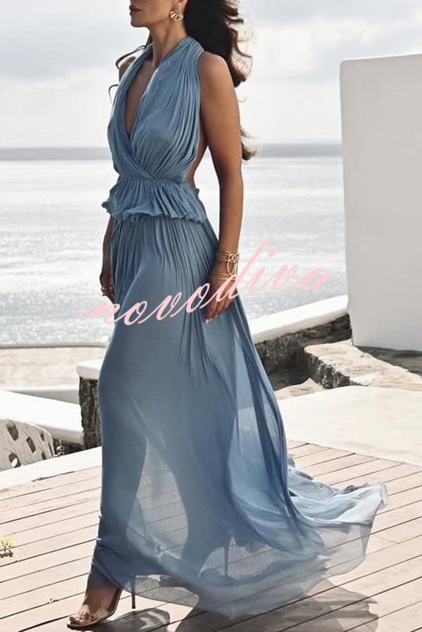 Pure Lightness Chiffon Pleated Halter Backless Top and Elastic Waist A-line Maxi Skirt Set