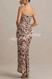 The Center of Attention Floral Print Sequin Square Neck Slip Stretch Maxi Dress