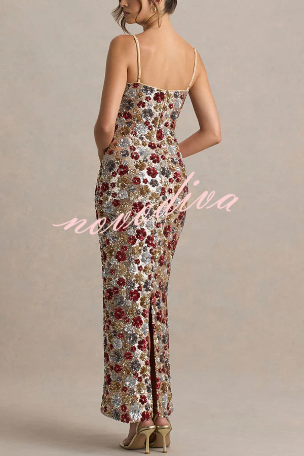 The Center of Attention Floral Print Sequin Square Neck Slip Stretch Maxi Dress