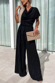 Ivy Cowl Neck Short Sleeve Belt Pleated Loose Wide Leg Jumpsuit