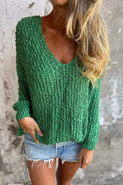 Solid Color V-neck Long-sleeved Loose Knitted Sweater