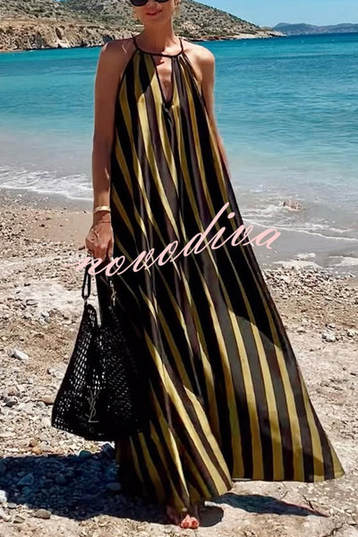 Striped Print V-Neck Loose Beach Vacation Maxi Dress