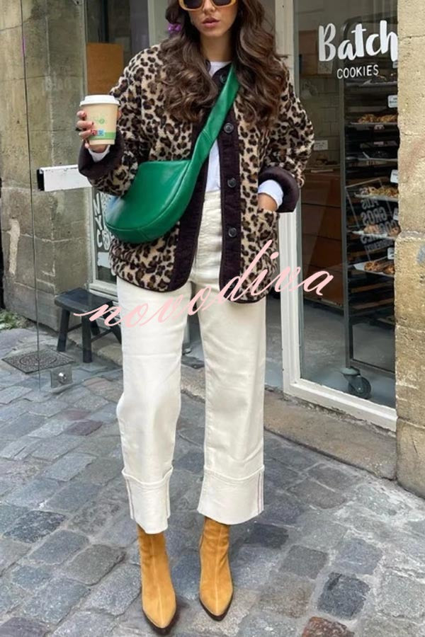 Warm Feel Colorblock Leopard Print Plush Button Up Pocketed Teddy Jacket