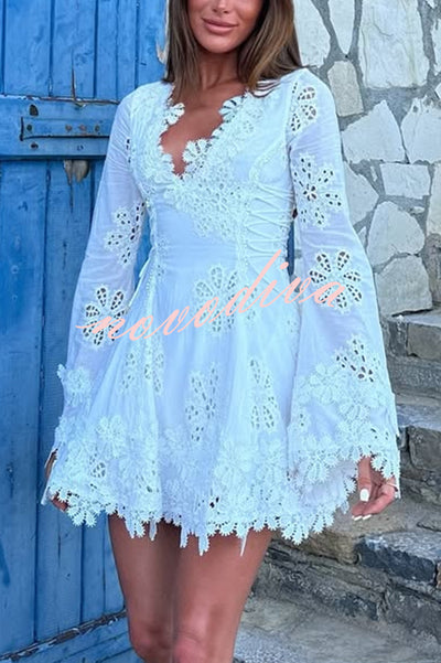 Diaz Embroidery Hollow Fabric Delicate Flower Trim Long Sleeve Side Lace-up Mini Dress