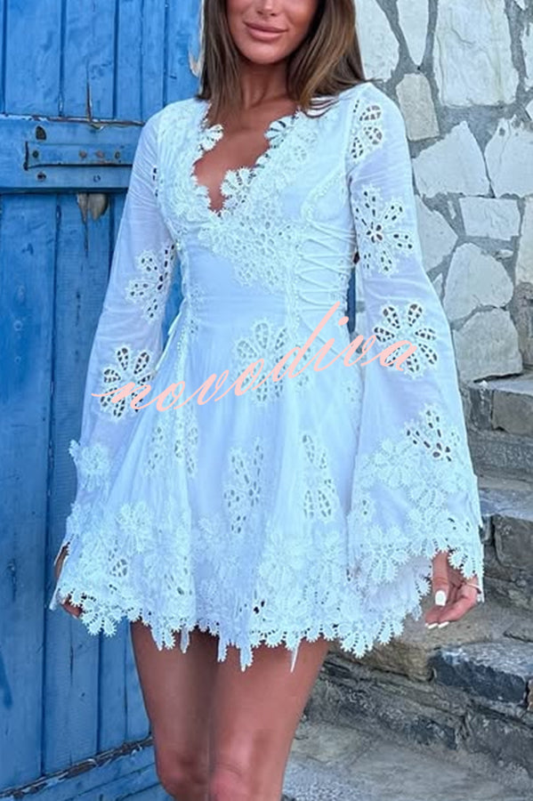 Diaz Embroidery Hollow Fabric Delicate Flower Trim Long Sleeve Side Lace-up Mini Dress