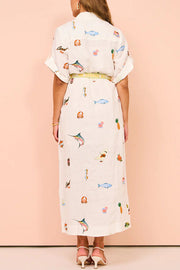 Loretta Cotton Blend Unique Print Fringed Belt Pocketed Shirt Midi Dress