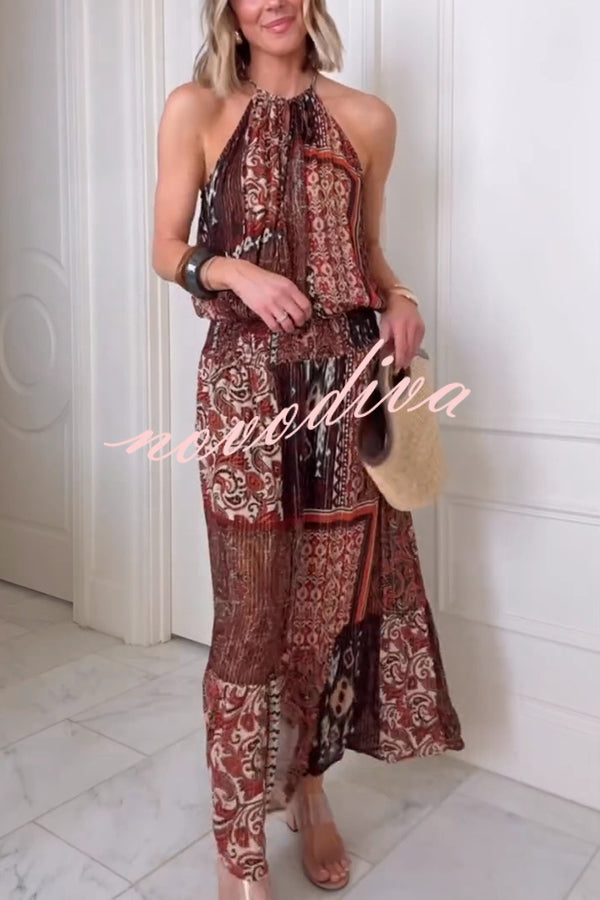 Ethnic Boho Colorblock Print Elastic Waist Resort Style Maxi Dress