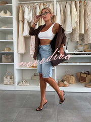Fashion Denim Pocket Frayed Bermuda Shorts