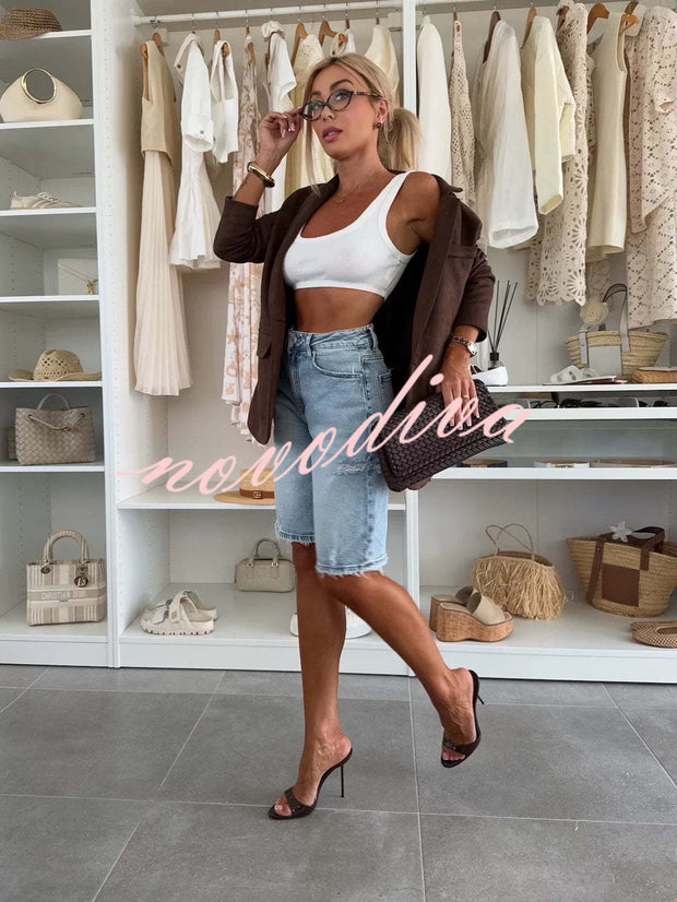 Fashion Denim Pocket Frayed Bermuda Shorts