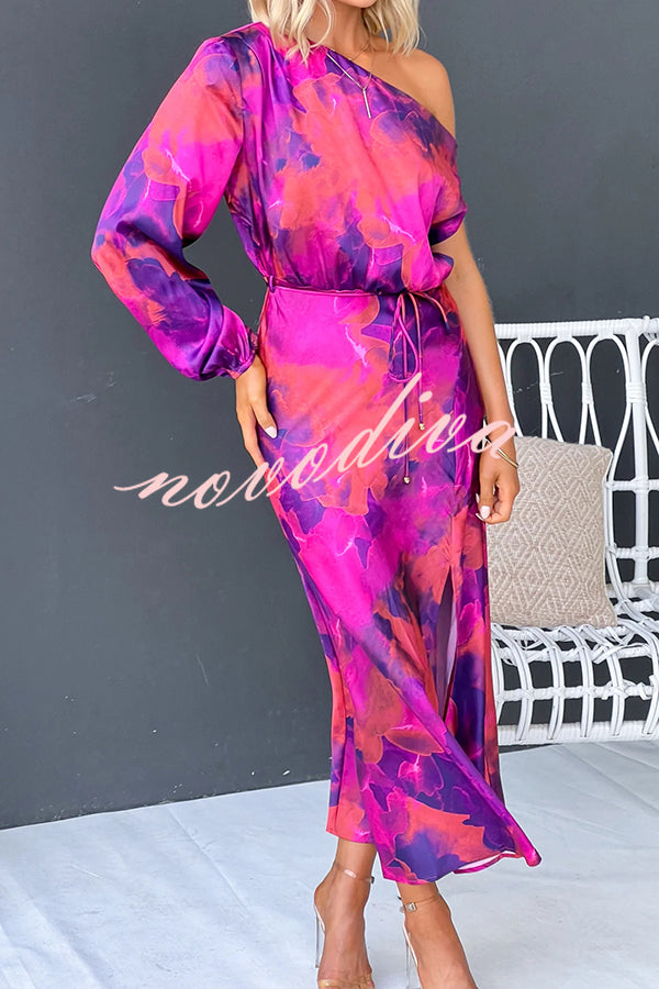Winona Satin Floral Print One Shoulder Balloon Sleeve Tie-up Maxi Dress